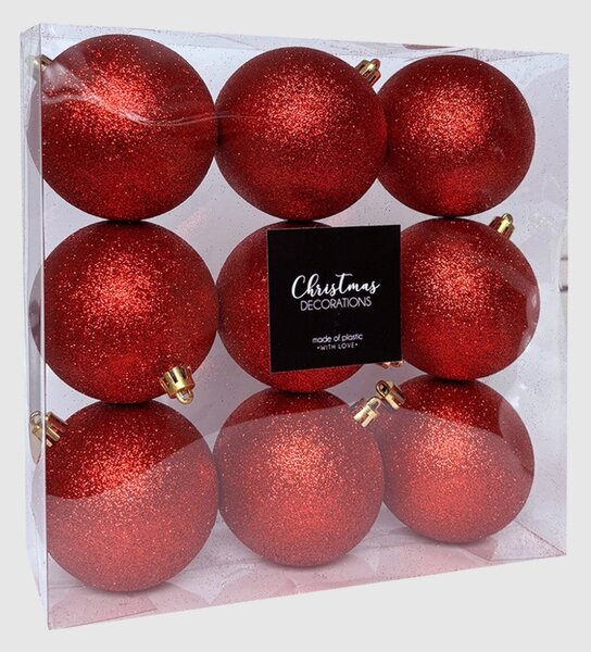 Piros glitteres műanyag karácsonyi gömb szett 8 cm 9 db