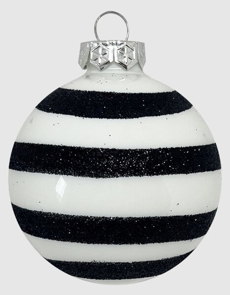 Fehér-fekete glitter csíkos kézzel festett karácsonyi üveggömb szett, 7 cm, 6 db