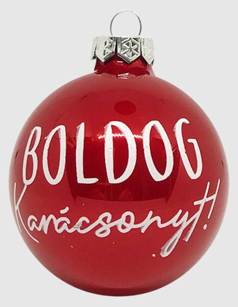 Piros Boldog karácsonyt feliratos kézzel festett karácsonyi üveggömb szett, 7 cm, 6 db