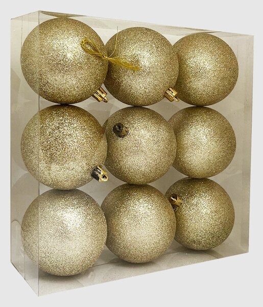 Arany glitteres műanyag karácsonyi gömb szett 8 cm 9 db