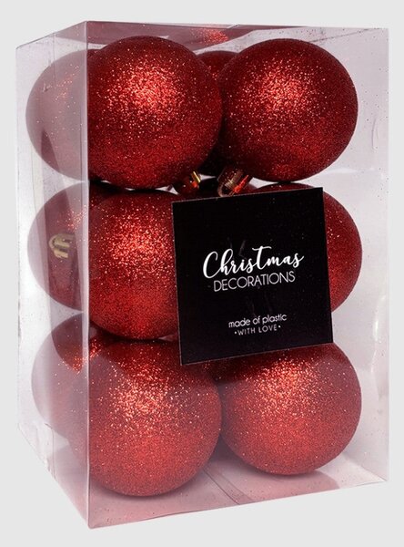 Piros glitteres műanyag karácsonyi gömb szett 6 cm 12 db
