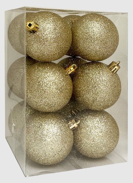 Arany glitteres műanyag karácsonyi gömb szett 12 × 6 cm 12 db