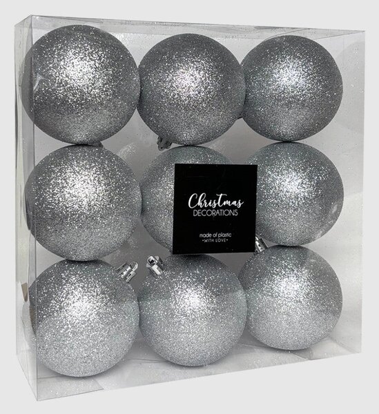 Ezüst glitteres műanyag karácsonyi gömb szett 8 cm 9 db