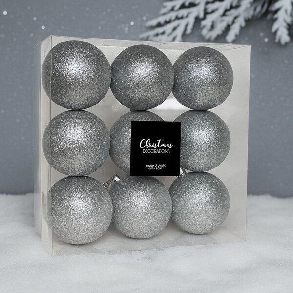 Ezüst glitteres műanyag karácsonyi gömb szett 8 cm 9 db