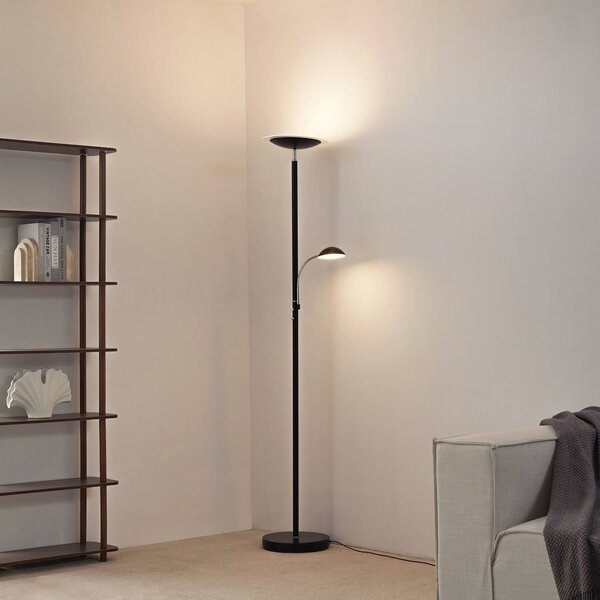 Lindby Malea LED álló lámpa, fekete, olvasólámpa, dimmelhető fényerő,, Fekete, Nappali / Étkező, fém, Modern