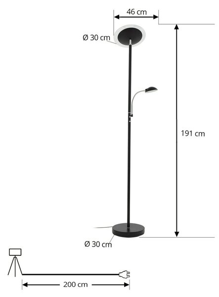 Lindby Malea LED álló lámpa, fekete, olvasólámpa, dimmelhető fényerő,, Fekete, Nappali / Étkező, fém, Modern