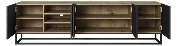 Asha RTV szekrény 200 cm - ryflowott előlap / fekete fém lábak, artisan / fekete matt