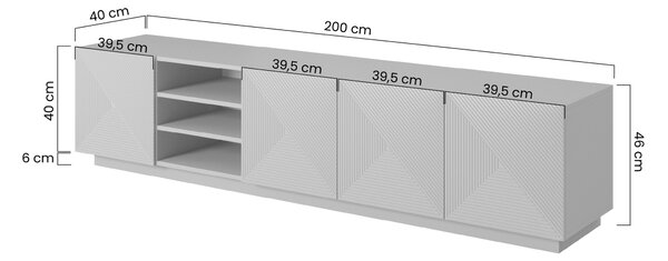 Asha TV-szekrény 200 cm, mart előlapokkal és nyitott résszel - artisan / fekete matt