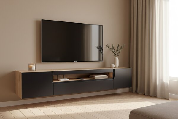 Loftia fali TV szekrény 200 cm, kétszárnyú, nyitott résszel - artisan / fekete matt