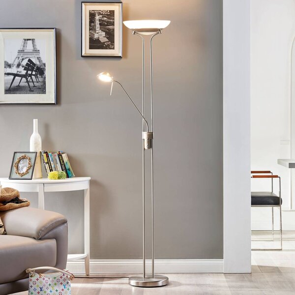 Lindby LED állólámpa Yveta, nikkel színű, fém, fényerőszabályzóval, dimmelhető, Alu / szürke / cink, Nappali / Étkező, fém, Modern