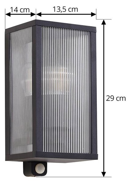 Lindby kültéri fali lámpa, Peldar, antracit/bordázott, 26 cm, érzékelővel, dimmelhető, Fekete, Alumínium, Modern
