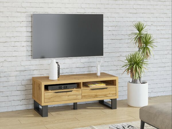TV-állvány Avicavu 100, Laminált forgácslap, 50x124x50cm, Wotan tölgy, Fekete