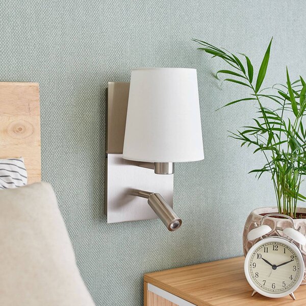Lindby fali lámpa Aiden, fehér, nikkel, LED-es olvasólámpa, Alu / szürke / cink, Nappali / Étkező, Textil / szövet / selyem, Modern