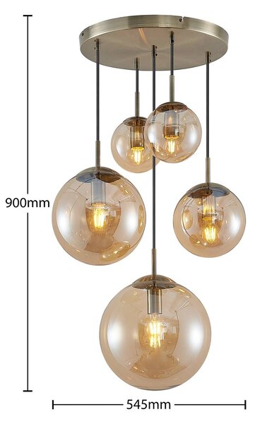 Lindby függőlámpa Teeja, borostyánszínű, 5 lámpás, Ø50cm, üveg, E27, dimmelhető, Krém / borostyánsárga, Nappali / Étkező, Üveg, Vintage