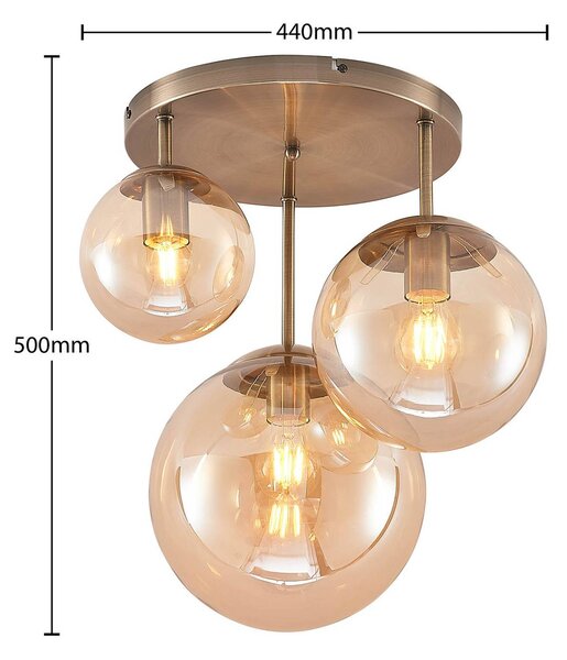 Lindby mennyezeti lámpa Teeja, borostyán, 3-as lámpa, Ø47cm, üveg, E27, dimmelhető, Krém / borostyánsárga, Nappali / Étkező, Üveg, Modern