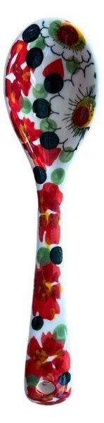 Mediterrán piros virágos kerámia kiskanál – kézzel festett (19 cm)