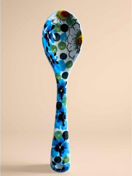 Mediterrán Kék Vadvirágos kerámia kiskanál – kézzel festett (19 cm)