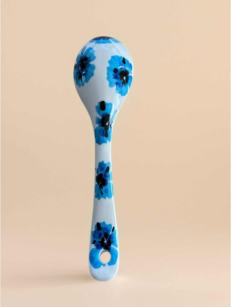 Mediterrán Kék Vadvirágos kerámia kiskanál – kézzel festett (19 cm)