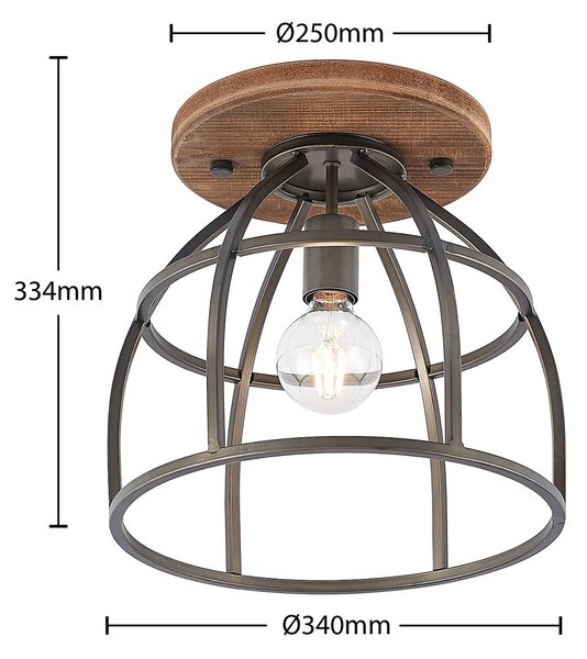 Lindby mennyezeti spotlámpa Rutger, Ø 34 cm, fa, ketrec, E27, dimmelhető, Sötét fa, Nappali / Étkező, Fa, Vintage