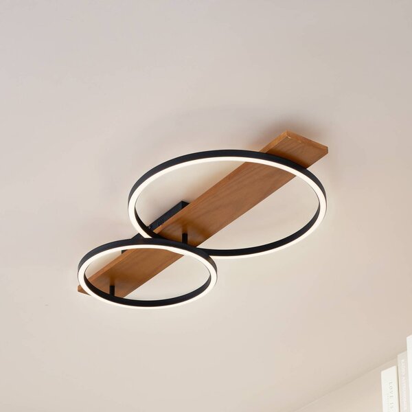 Lindby LED mennyezeti lámpa Galad, fekete, fa, 2-lámpás, 75 cm, dimmelhető, Világos fa, Nappali / Étkező, Fa, Modern