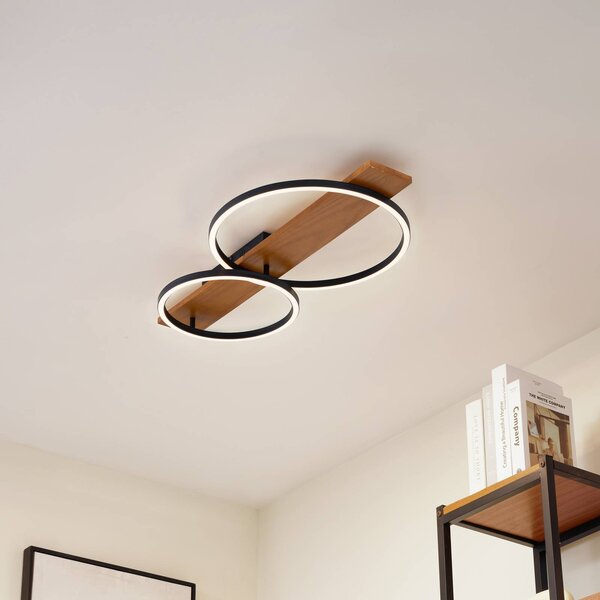 Lindby LED mennyezeti lámpa Galad, fekete, fa, 2-lámpás, 75 cm, dimmelhető, Világos fa, Nappali / Étkező, Fa, Modern
