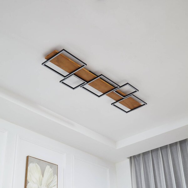 Lindby LED mennyezeti lámpa Galad, fekete, fa, 5 lámpás, 140 cm, dimmelhető, Világos fa, Nappali / Étkező, Fa, Modern
