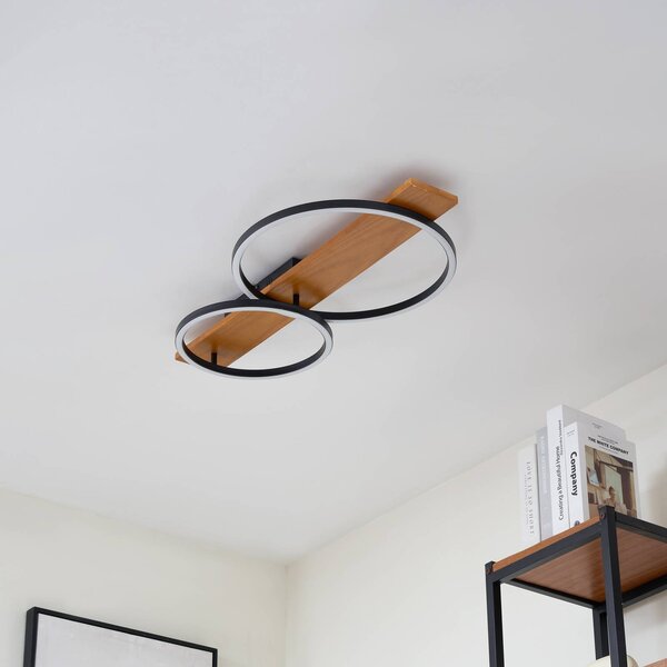 Lindby LED mennyezeti lámpa Galad, fekete, fa, 2-lámpás, 75 cm, dimmelhető, Világos fa, Nappali / Étkező, Fa, Modern