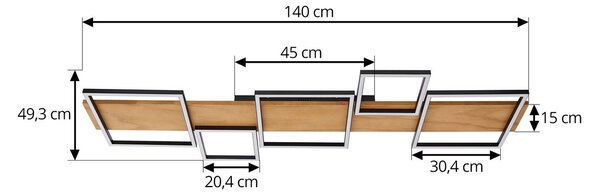 Lindby LED mennyezeti lámpa Galad, fekete, fa, 5 lámpás, 140 cm, dimmelhető, Világos fa, Nappali / Étkező, Fa, Modern