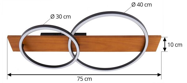 Lindby LED mennyezeti lámpa Galad, fekete, fa, 2-lámpás, 75 cm, dimmelhető, Világos fa, Nappali / Étkező, Fa, Modern