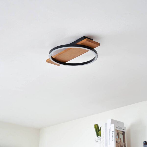 Lindby LED-es mennyezeti lámpa Galad, fekete, fa, 30 cm, fényerőszabályzóval, dimmelhető, Világos fa, Nappali / Étkező, Fa, Modern