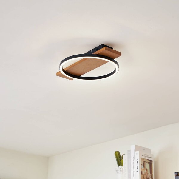 Lindby LED-es mennyezeti lámpa Galad, fekete, fa, 30 cm, fényerőszabályzóval, dimmelhető, Világos fa, Nappali / Étkező, Fa, Modern