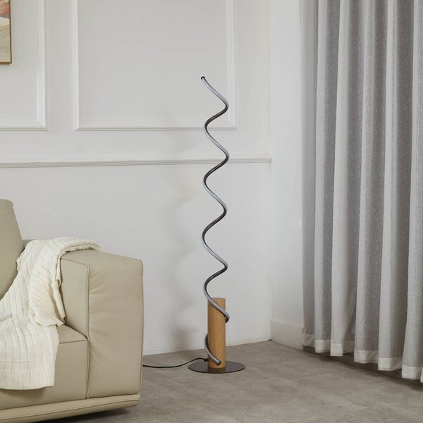 Lindby LED állólámpa Spiraali, szürke, fa, magasság 133 cm, Alu / szürke / cink, Nappali / Étkező, Alumínium, Vidéki otthon / Rusztikus