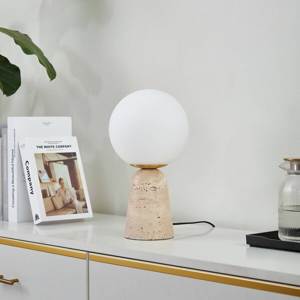 Lindby asztali lámpa Kirstan, bézs, fehér, üveg, kő, 33 cm, Fehér / opál, Nappali / Étkező, Kő, Modern