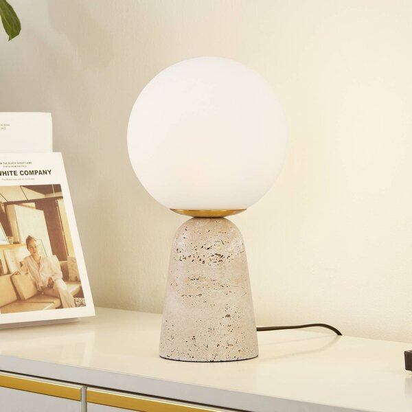 Lindby asztali lámpa Kirstan, bézs, fehér, üveg, kő, 33 cm, Fehér / opál, Nappali / Étkező, Kő, Modern