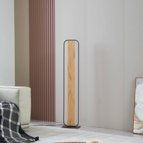 Lindby LED állólámpa Romilda, szürke, fa, magasság 122 cm, Világos fa, Nappali / Étkező, Vidéki otthon / Rusztikus
