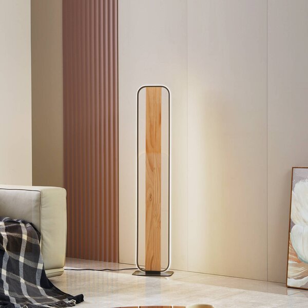 Lindby LED állólámpa Romilda, szürke, fa, magasság 122 cm, Világos fa, Nappali / Étkező, Vidéki otthon / Rusztikus