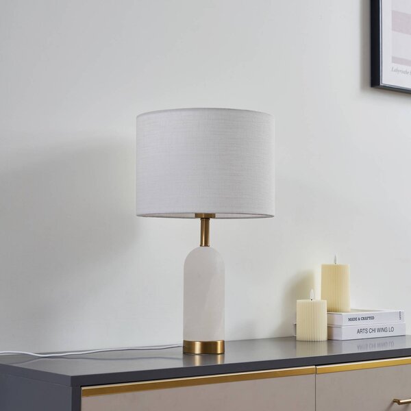 Lindby asztali lámpa alabástrom, fehér/arany, Ø 30 cm, márvány, E27, Fehér / opál, Nappali / Étkező, Textil / szövet / selyem, Skandináv