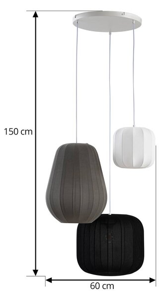 Lindby Helin lógó világítás, fekete/fehér/szürke, Ø 60 cm, 3 izzós., dimmelhető, Többszínű, Nappali / Étkező, Textil / szövet / selyem, Skandináv