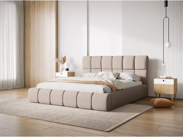 Bézs kárpitozott ágyneműtartós franciaágy ágyráccsal 160x200 cm Bellis – Micadoni Home