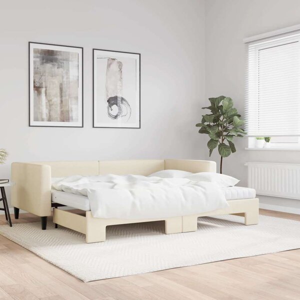 Krémszínű kihúzható szövet heverő matracokkal 90 x 200 cm