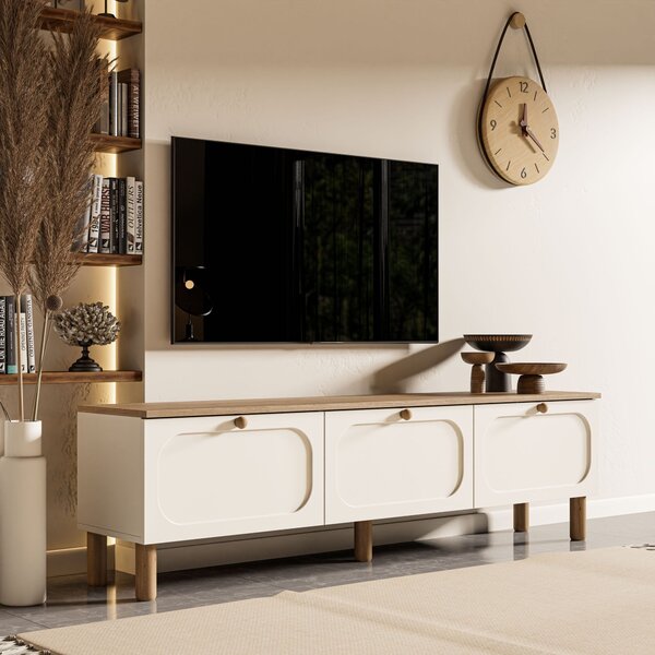 Modern TV-állvány tárolóval, TV-szekrény 180x35x50 cm, fehér/tölgy
