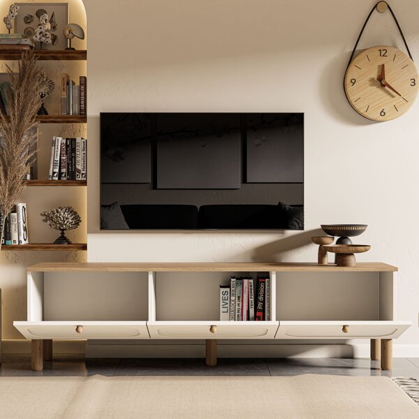 Modern TV-állvány tárolóval, TV-szekrény 180x35x50 cm, fehér/tölgy