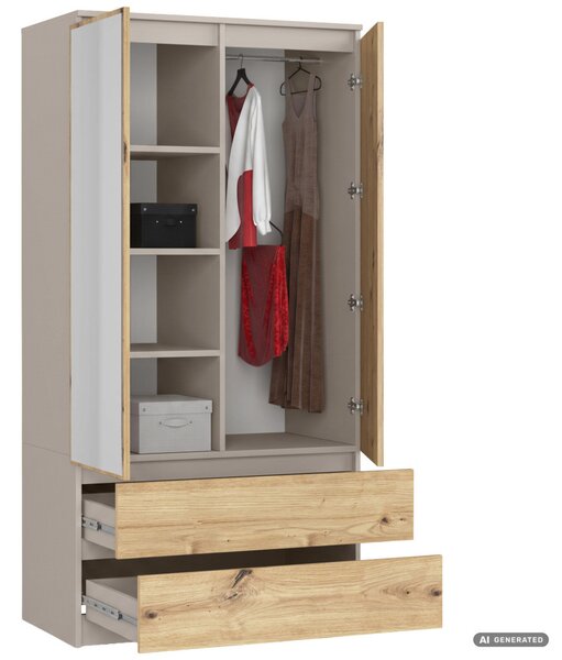 AKORD CLP S90 Kétajtós Ruhásszekrény Laminált Lap Kasmír/Artisan Tölgy Tükrös