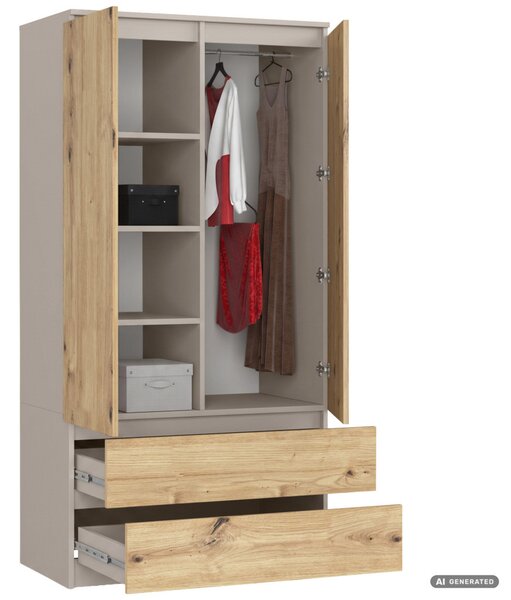 AKORD CLP S90 Kétajtós Ruhásszekrény Laminált Lap Kasmír / Artisan Tölgy Fiókos
