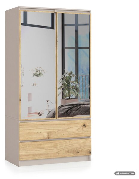 AKORD CLP S90 Kétajtós Ruhásszekrény Laminált Lap Kasmír/Artisan Tölgy Tükrös