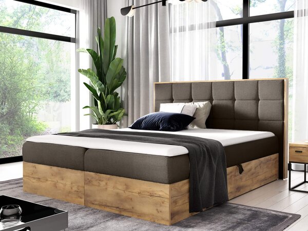Wilsondo WOOD 1 ágyneműtartós kárpitozott boxspring ágy matraccal - barna Paros Méret: 140x200