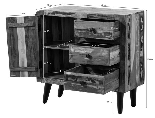SIXTIES fiókos komód, újrahasznosított fa 90x40x86, többszínű, lakkozott