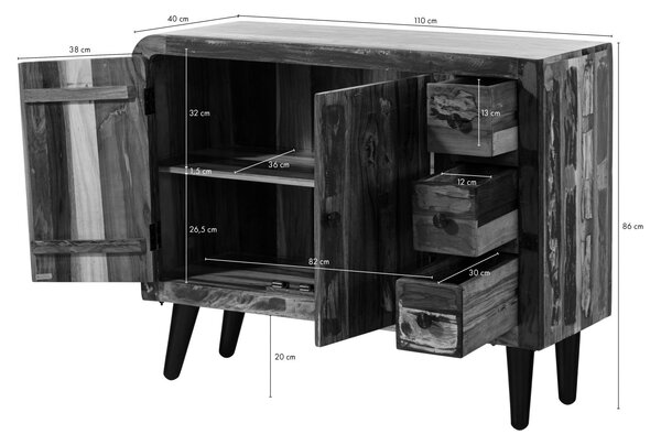 SIXTIES Antik fából készült komód, 110x40x86, többszínű lakkozott