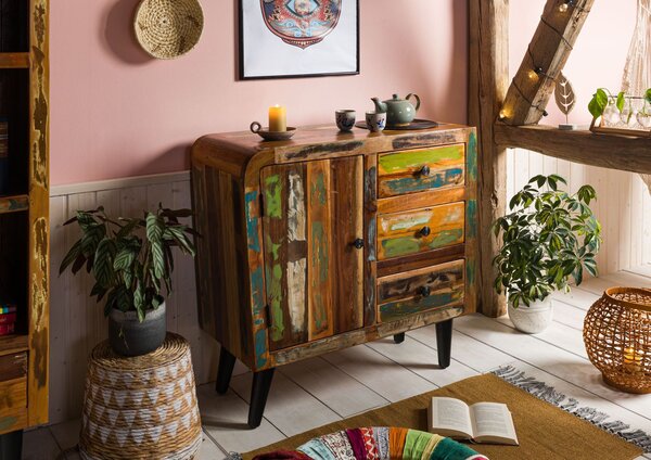 SIXTIES fiókos komód, újrahasznosított fa 90x40x86, többszínű, lakkozott