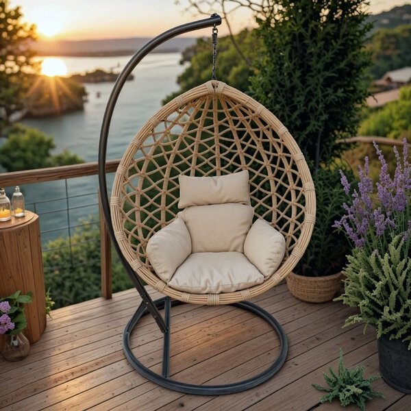 Kerti hintaágy, Lyere, Pako World, barna-bézs, rattan, 120x108x195 cm
